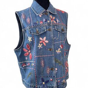 Vintage Flower Embroidered  Denim Vest